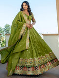 Breathtaking Green Thread Work Silk Mehendi Wear Lehenga Choli With Dupatta - Zeel Clothing