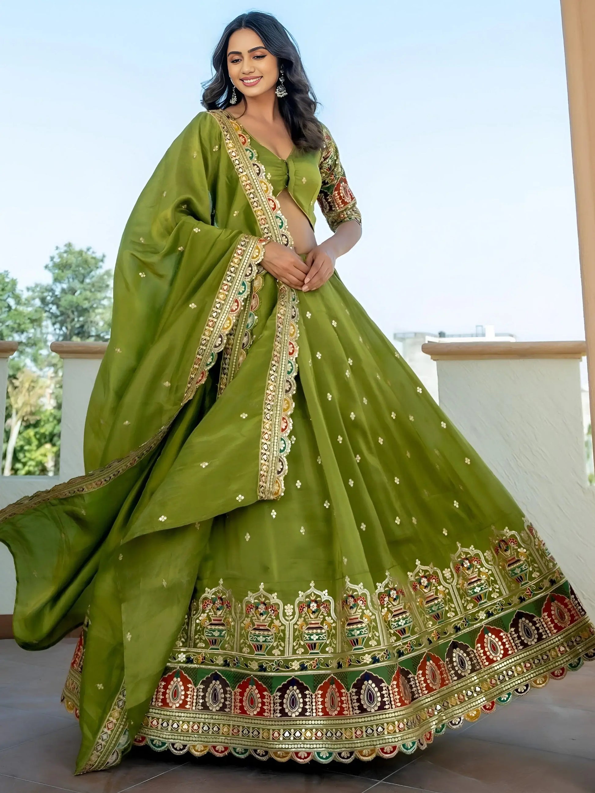 Breathtaking Green Thread Work Silk Mehendi Wear Lehenga Choli With Dupatta - Zeel Clothing