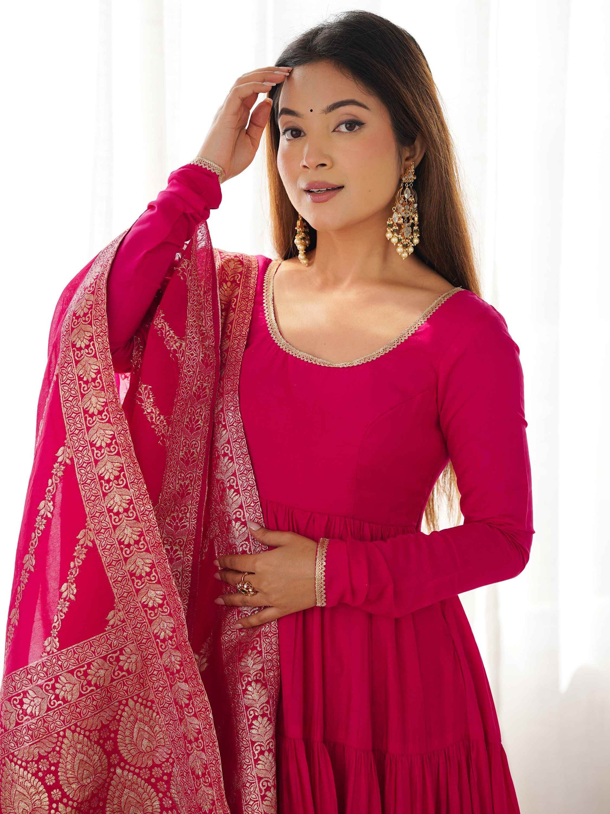 Breathtaking Hot Pink Anarkali Suit With Banarsi Silk Dupatta - Zeel Clothing