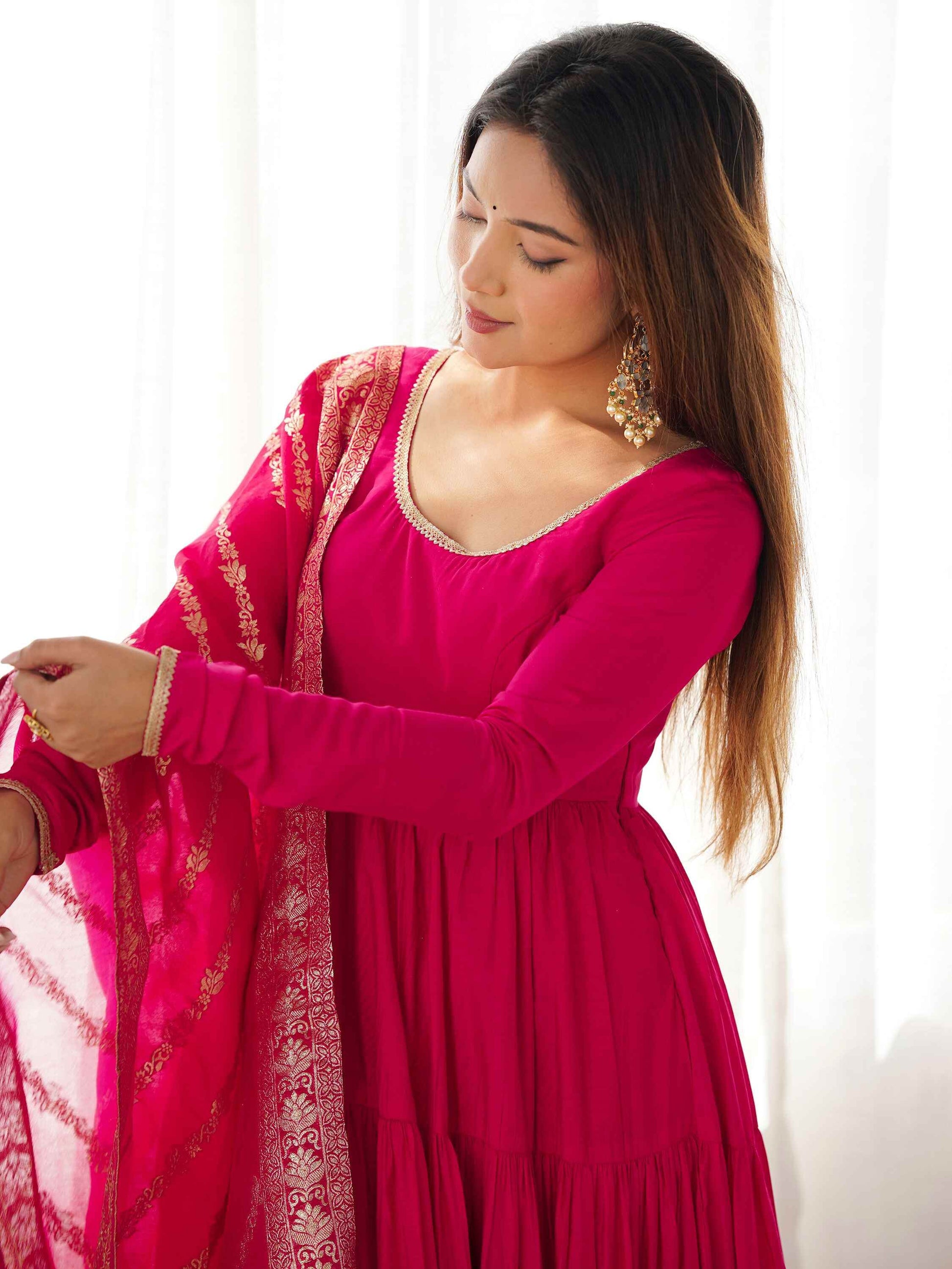 Breathtaking Hot Pink Anarkali Suit With Banarsi Silk Dupatta - Zeel Clothing
