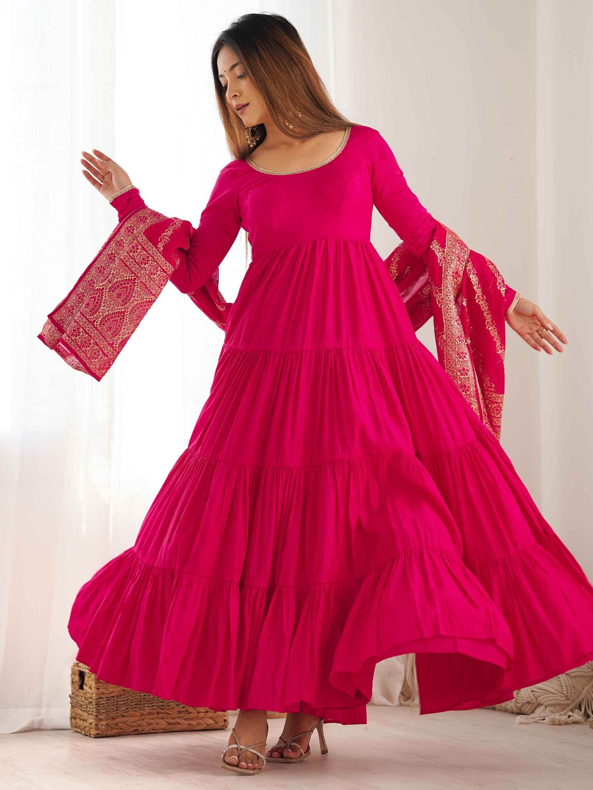 Breathtaking Hot Pink Anarkali Suit With Banarsi Silk Dupatta - Zeel Clothing