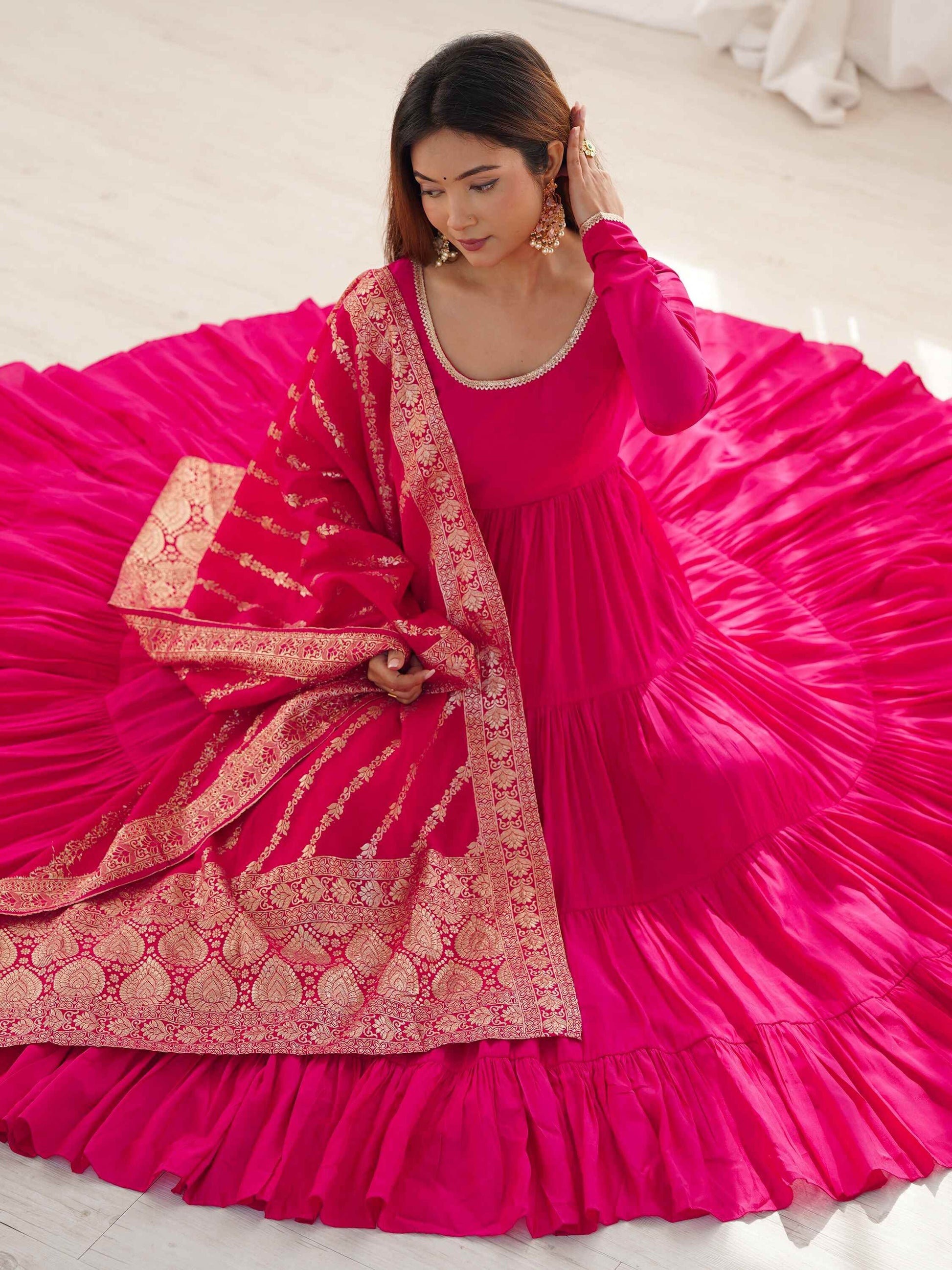 Breathtaking Hot Pink Anarkali Suit With Banarsi Silk Dupatta - Zeel Clothing