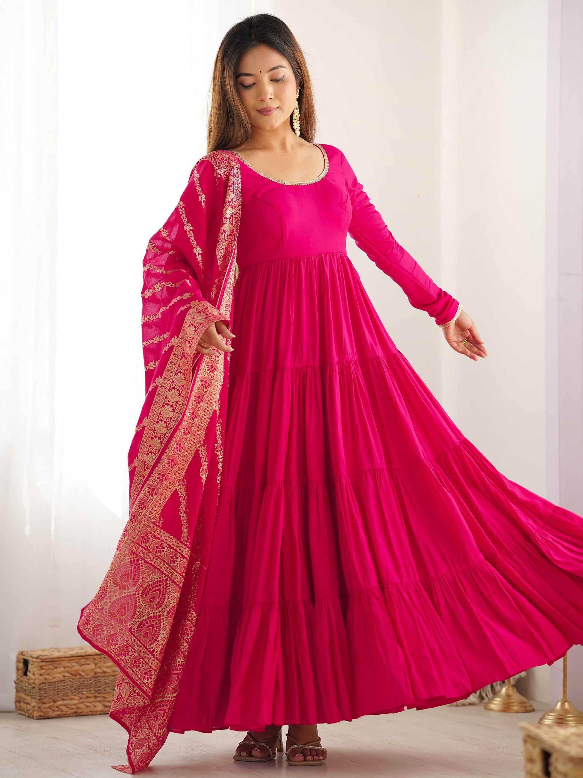 Breathtaking Hot Pink Anarkali Suit With Banarsi Silk Dupatta - Zeel Clothing