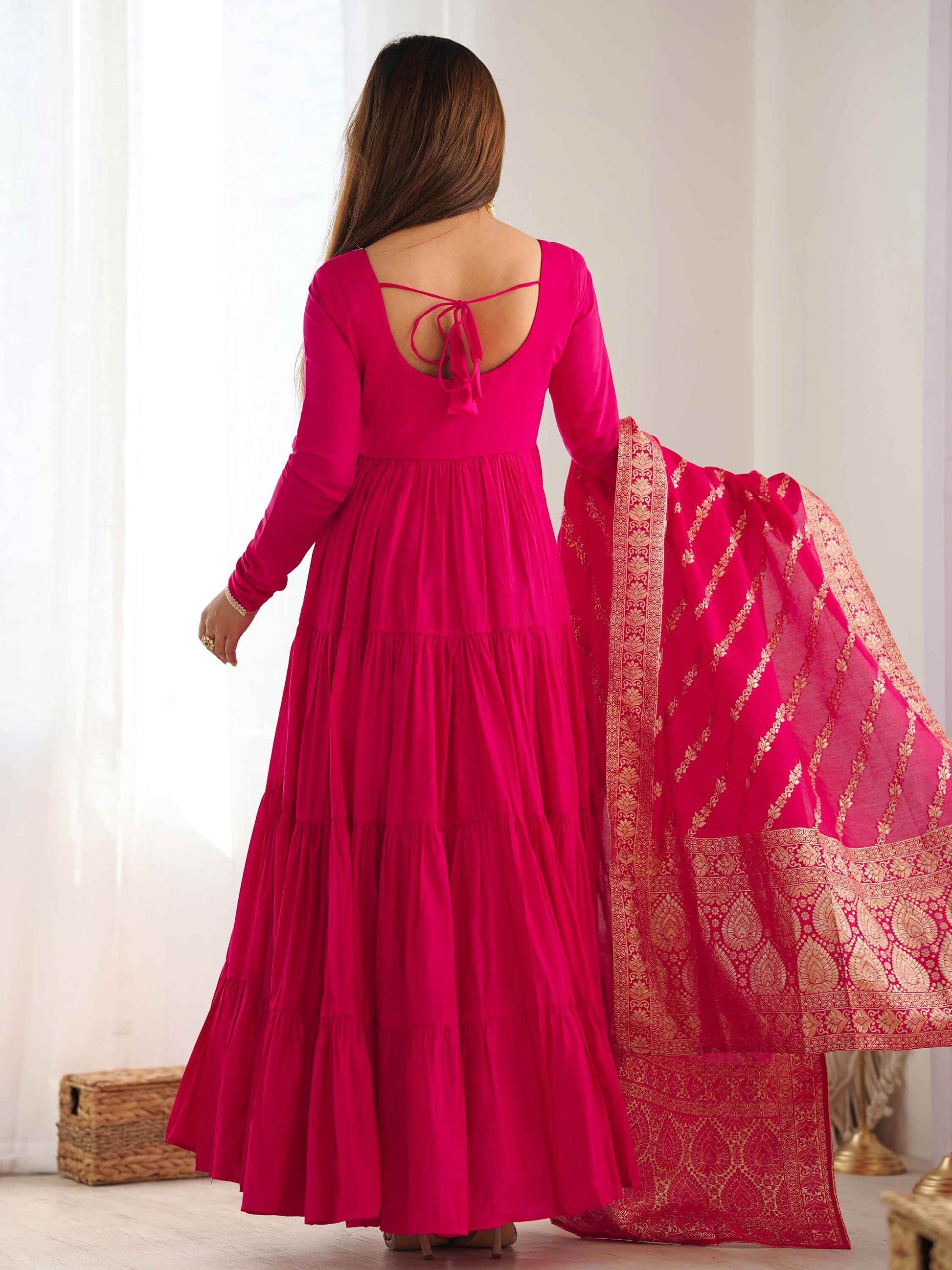 Breathtaking Hot Pink Anarkali Suit With Banarsi Silk Dupatta - Zeel Clothing