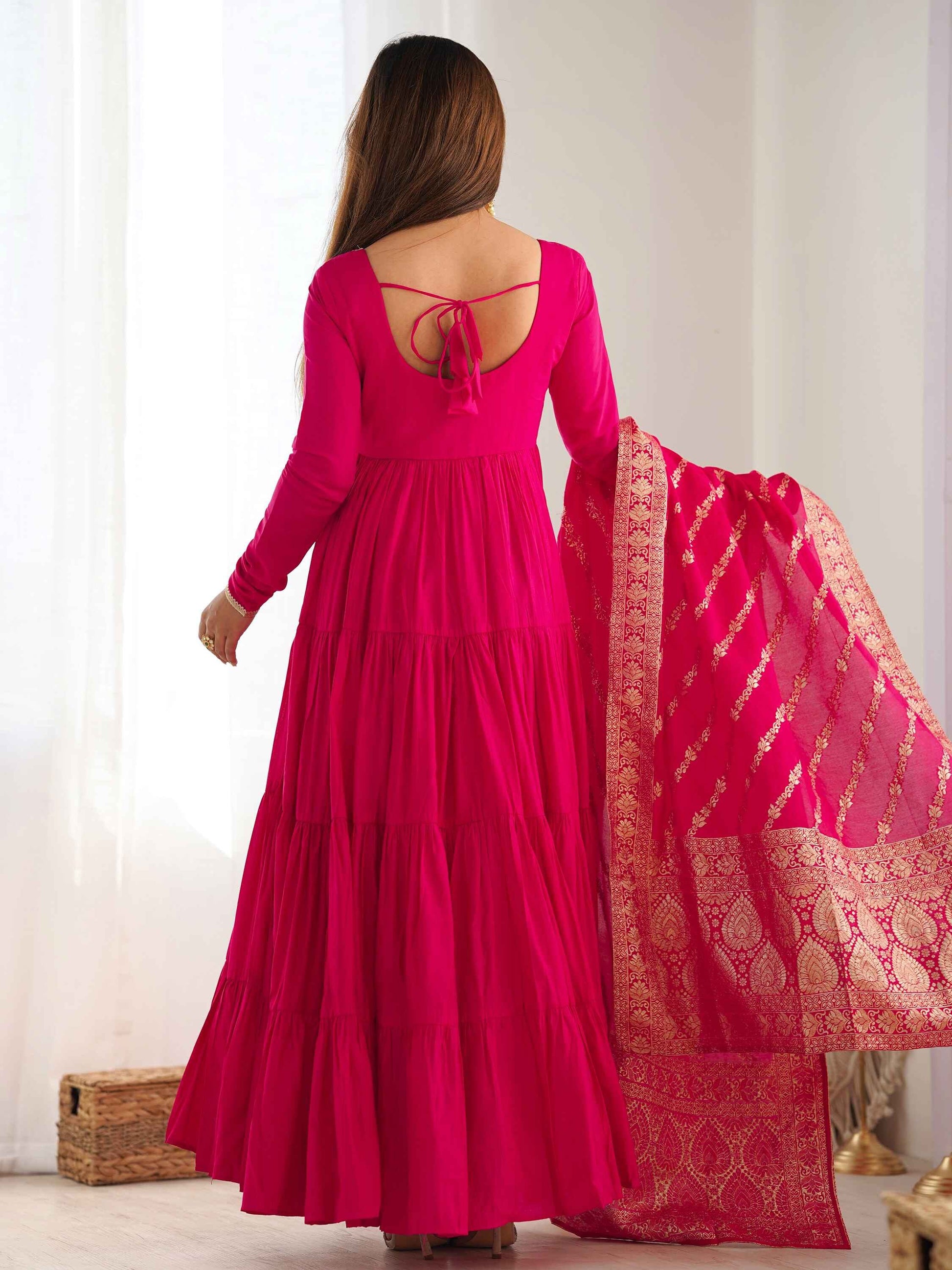 Breathtaking Hot Pink Anarkali Suit With Banarsi Silk Dupatta - Zeel Clothing