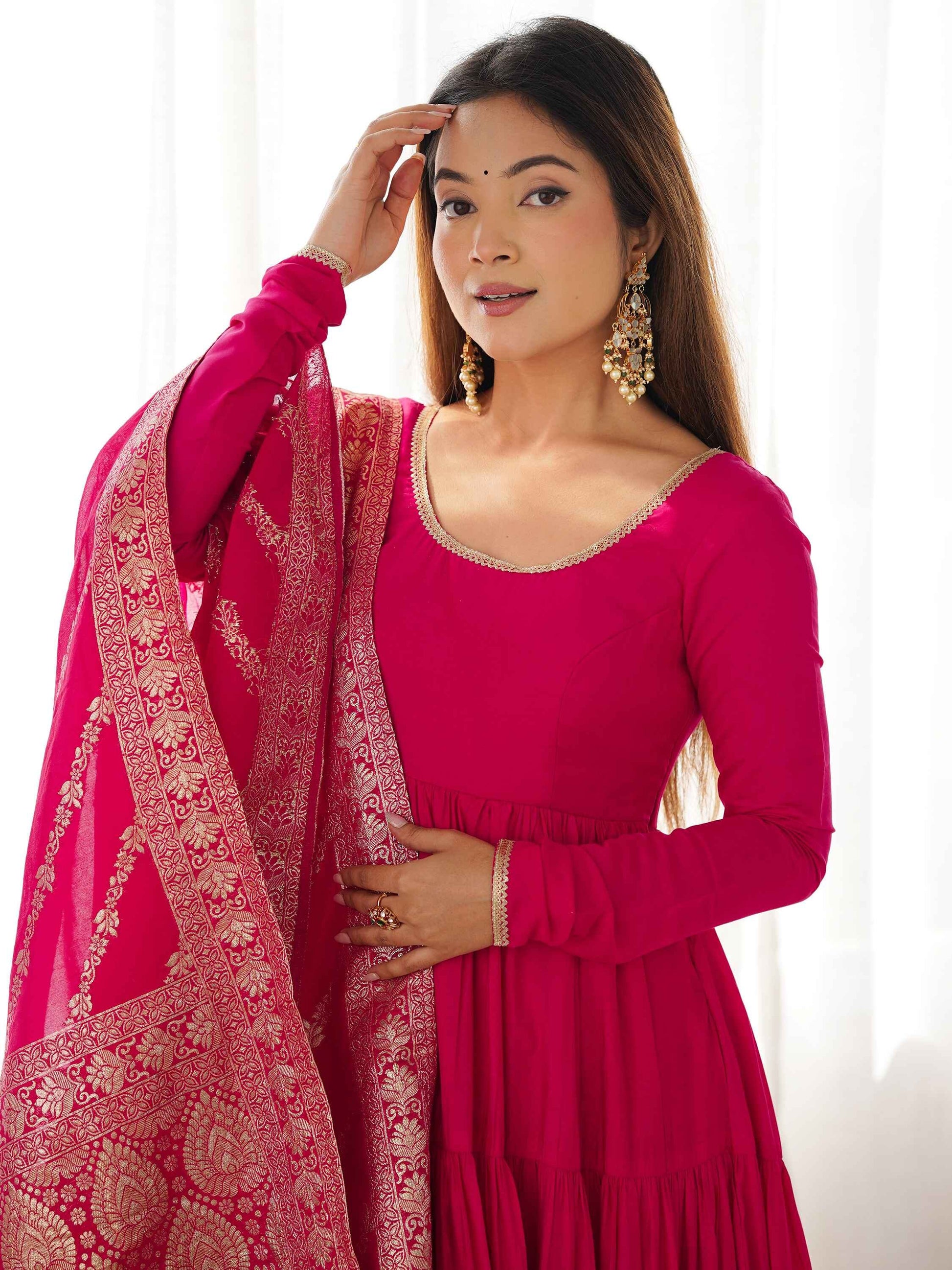 Breathtaking Hot Pink Anarkali Suit With Banarsi Silk Dupatta - Zeel Clothing