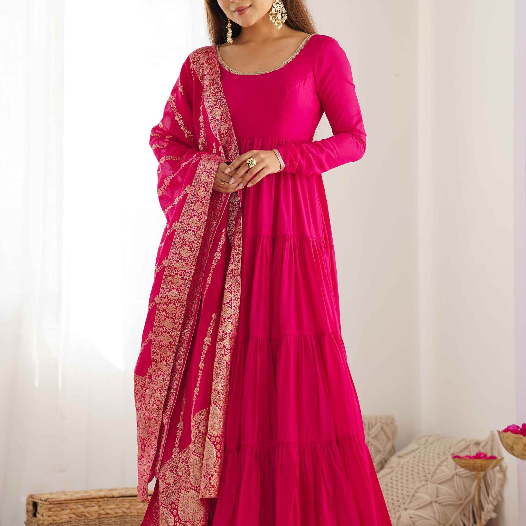 Breathtaking Hot Pink Anarkali Suit With Banarsi Silk Dupatta - Zeel Clothing