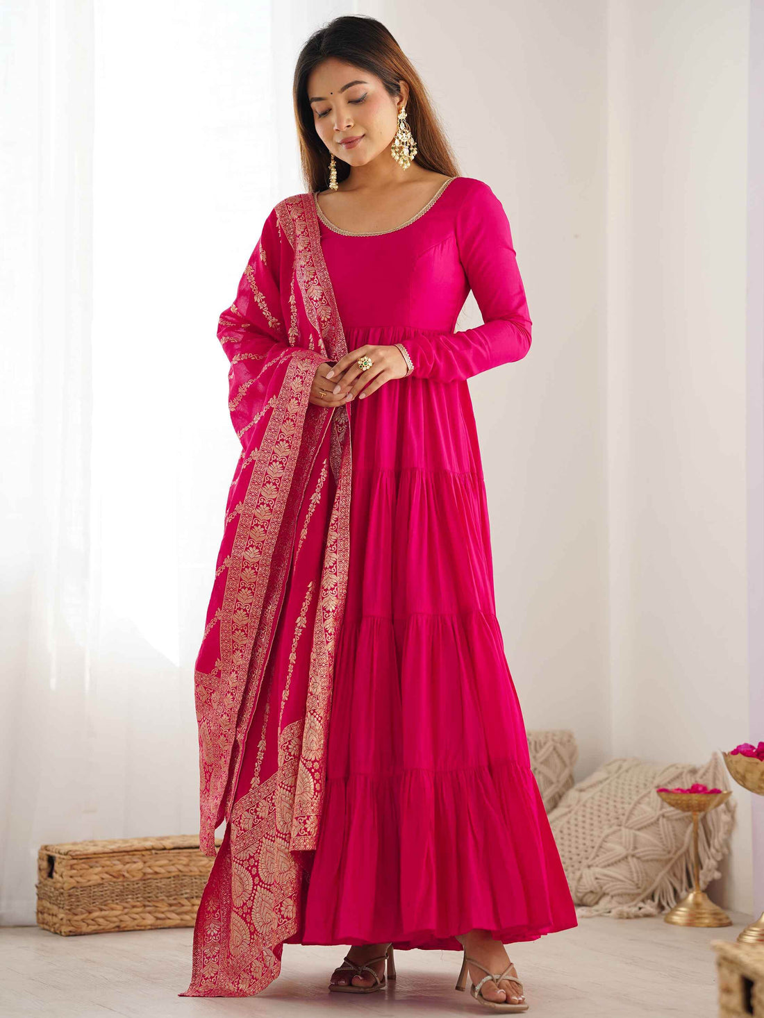 Breathtaking Hot Pink Anarkali Suit With Banarsi Silk Dupatta - Zeel Clothing