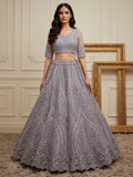 Breathtaking Lavender Thread Work Net Reception Wear Lehenga With Blouse