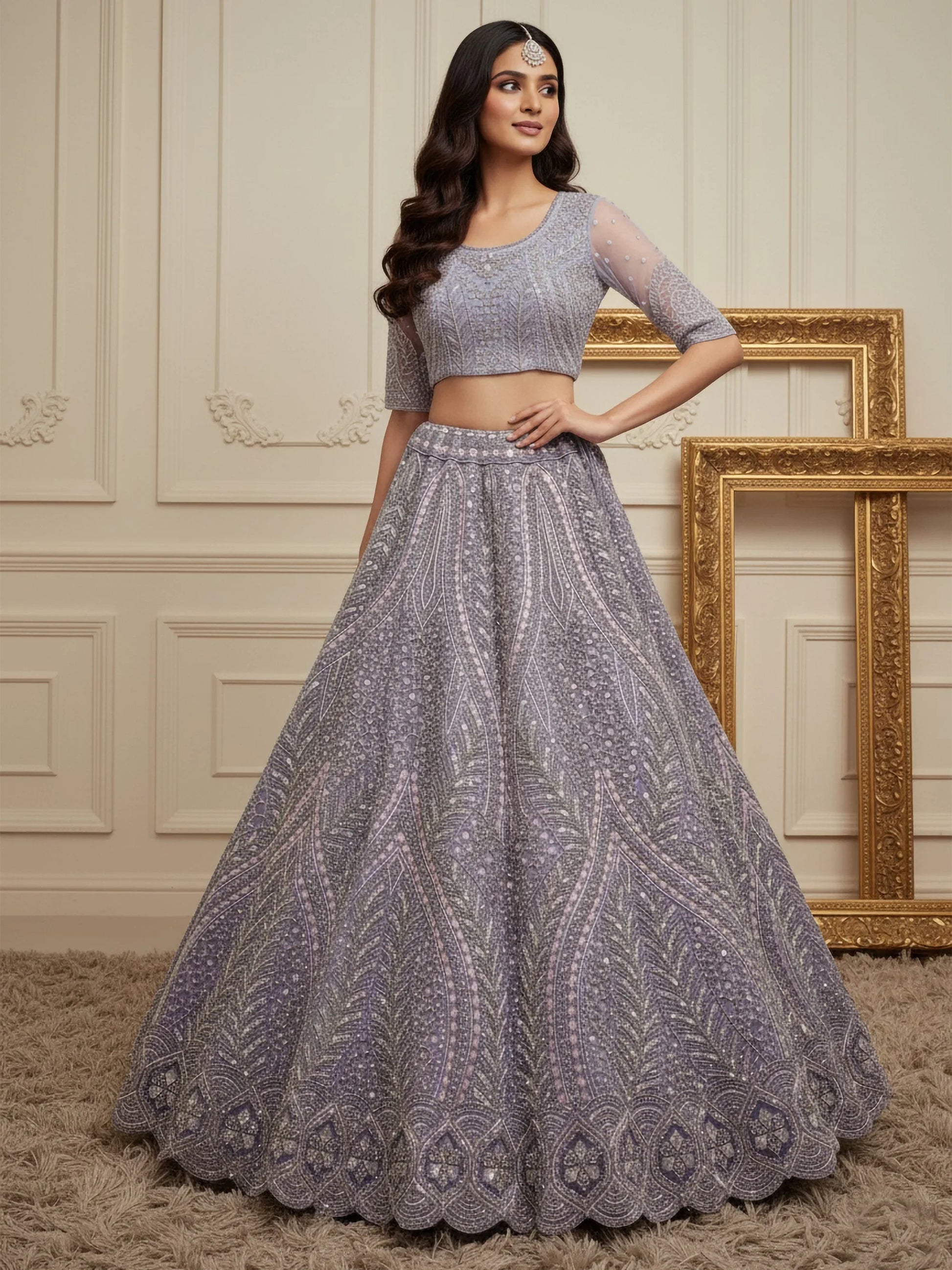 Breathtaking Lavender Thread Work Net Reception Wear Lehenga With Blouse