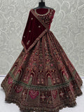 Breathtaking Maroon Zari Embroidered Velvet Bridal Lehenga Choli With Double Dupatta - Zeel Clothing