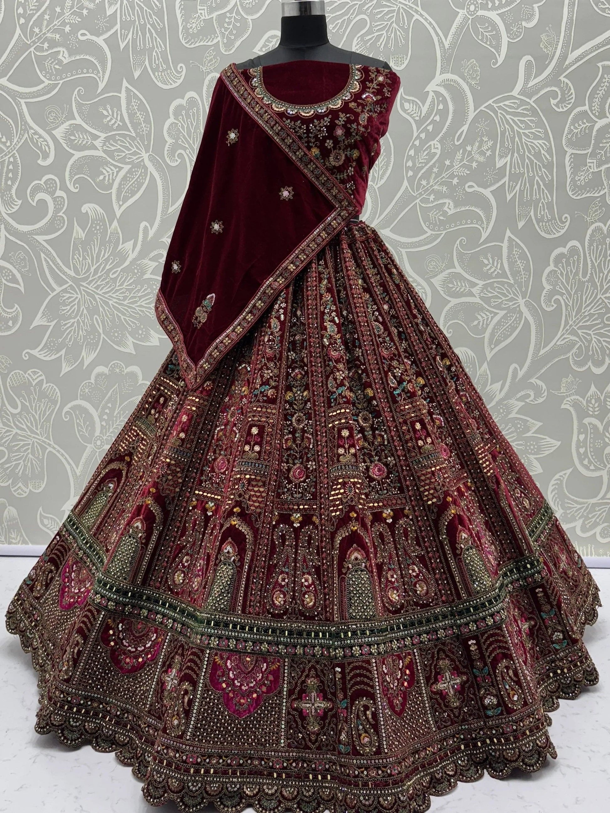 Breathtaking Maroon Zari Embroidered Velvet Bridal Lehenga Choli With Double Dupatta - Zeel Clothing