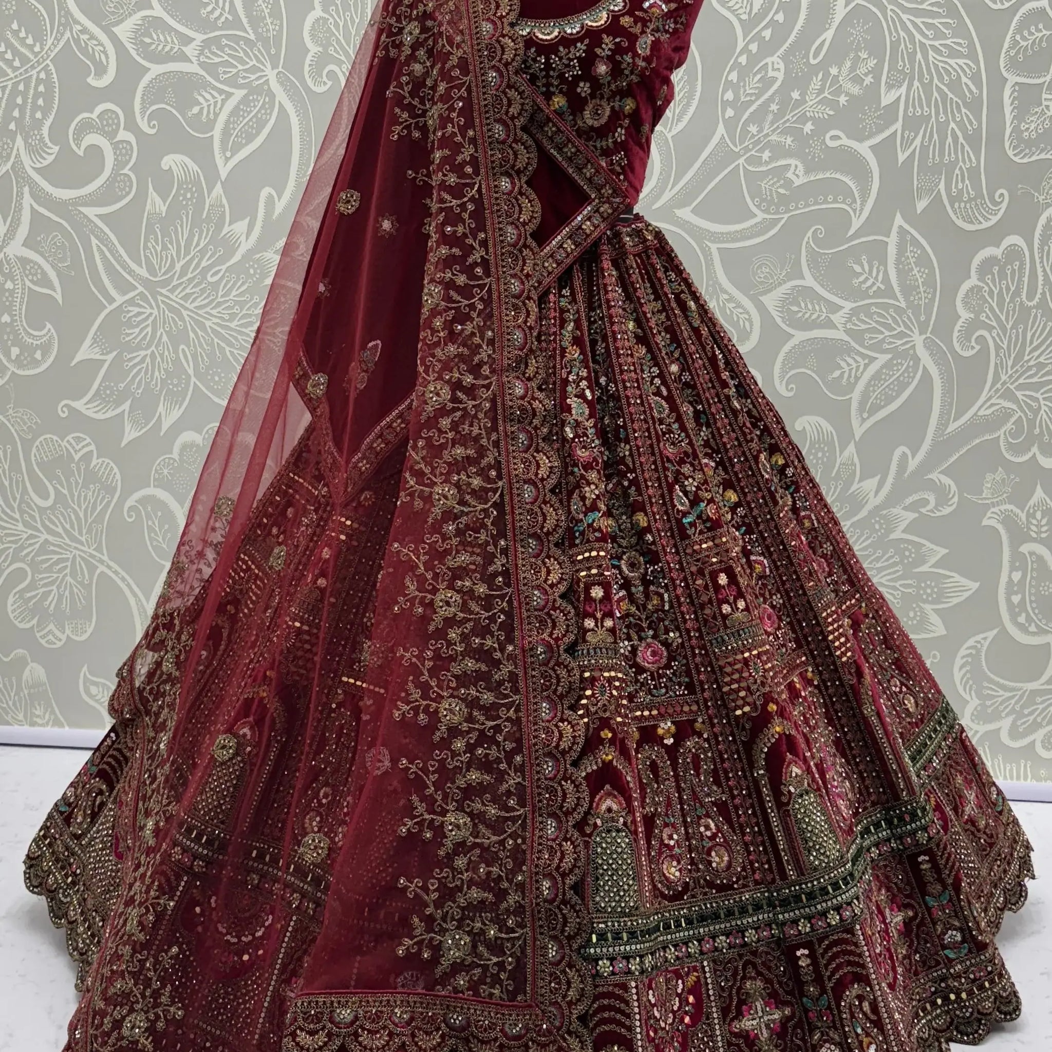 Breathtaking Maroon Zari Embroidered Velvet Bridal Lehenga Choli With Double Dupatta - Zeel Clothing