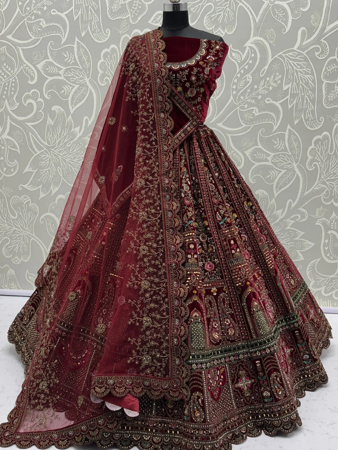 Breathtaking Maroon Zari Embroidered Velvet Bridal Lehenga Choli With Double Dupatta - Zeel Clothing