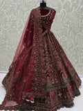 Breathtaking Maroon Zari Embroidered Velvet Bridal Lehenga Choli With Double Dupatta - Zeel Clothing