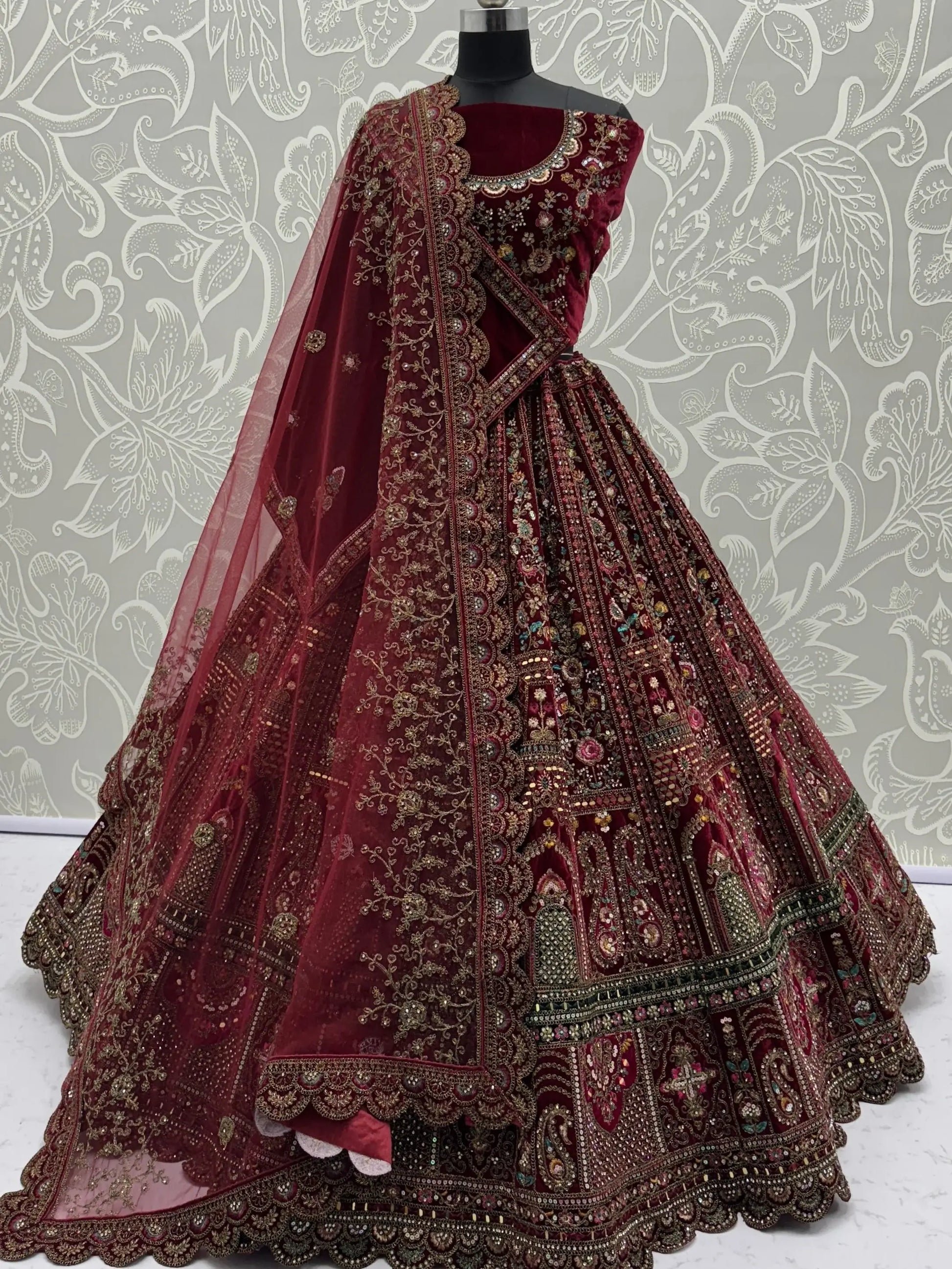 Breathtaking Maroon Zari Embroidered Velvet Bridal Lehenga Choli With Double Dupatta - Zeel Clothing