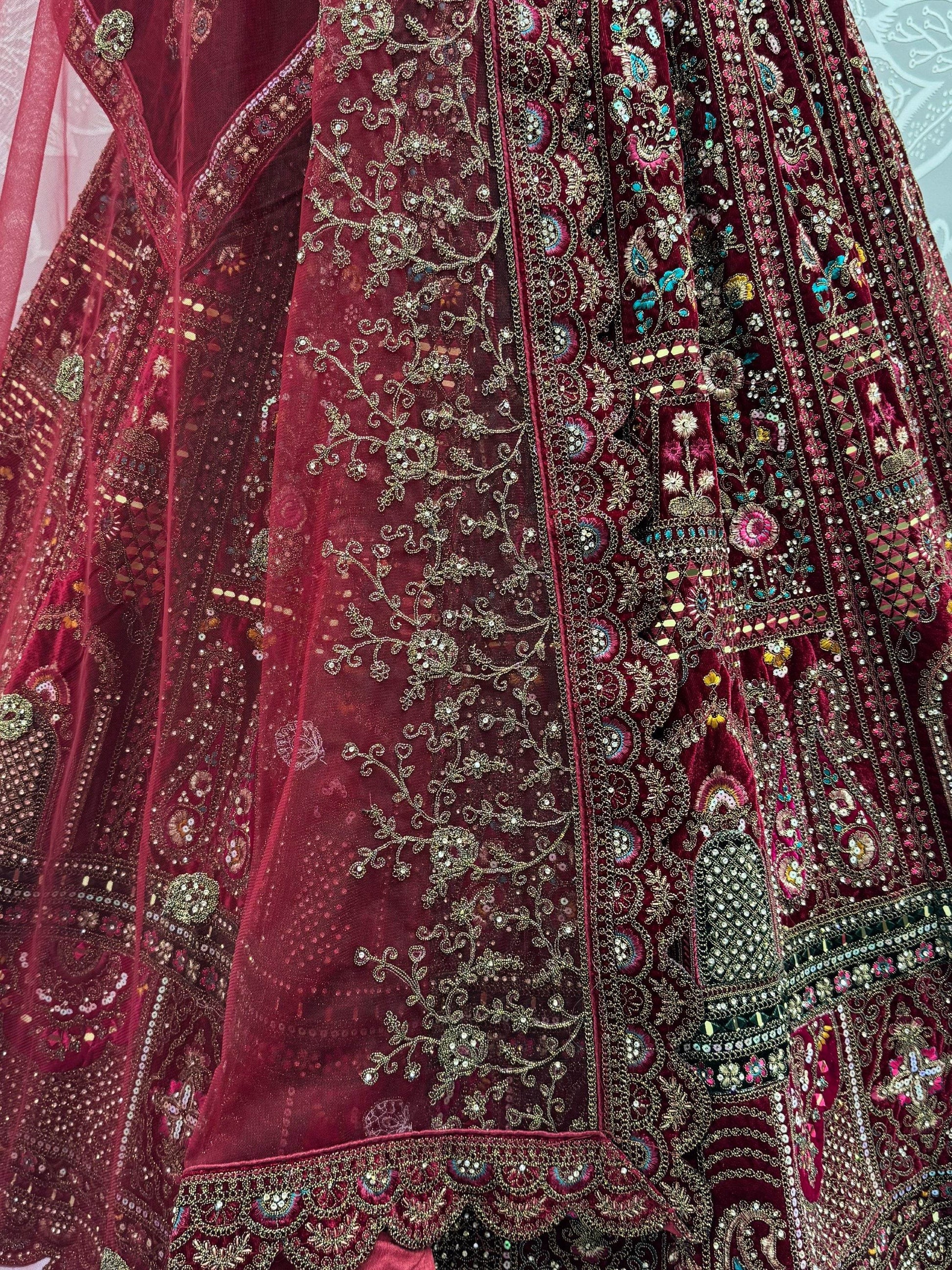 Breathtaking Maroon Zari Embroidered Velvet Bridal Lehenga Choli With Double Dupatta - Zeel Clothing