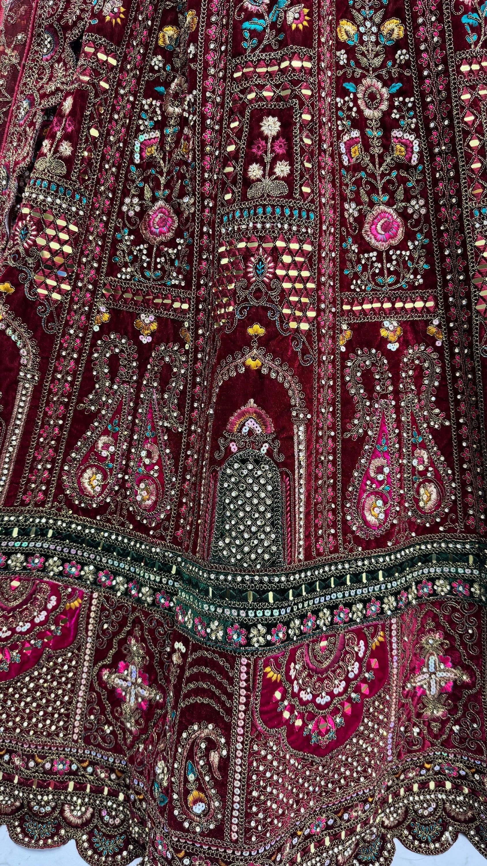 Breathtaking Maroon Zari Embroidered Velvet Bridal Lehenga Choli With Double Dupatta - Zeel Clothing