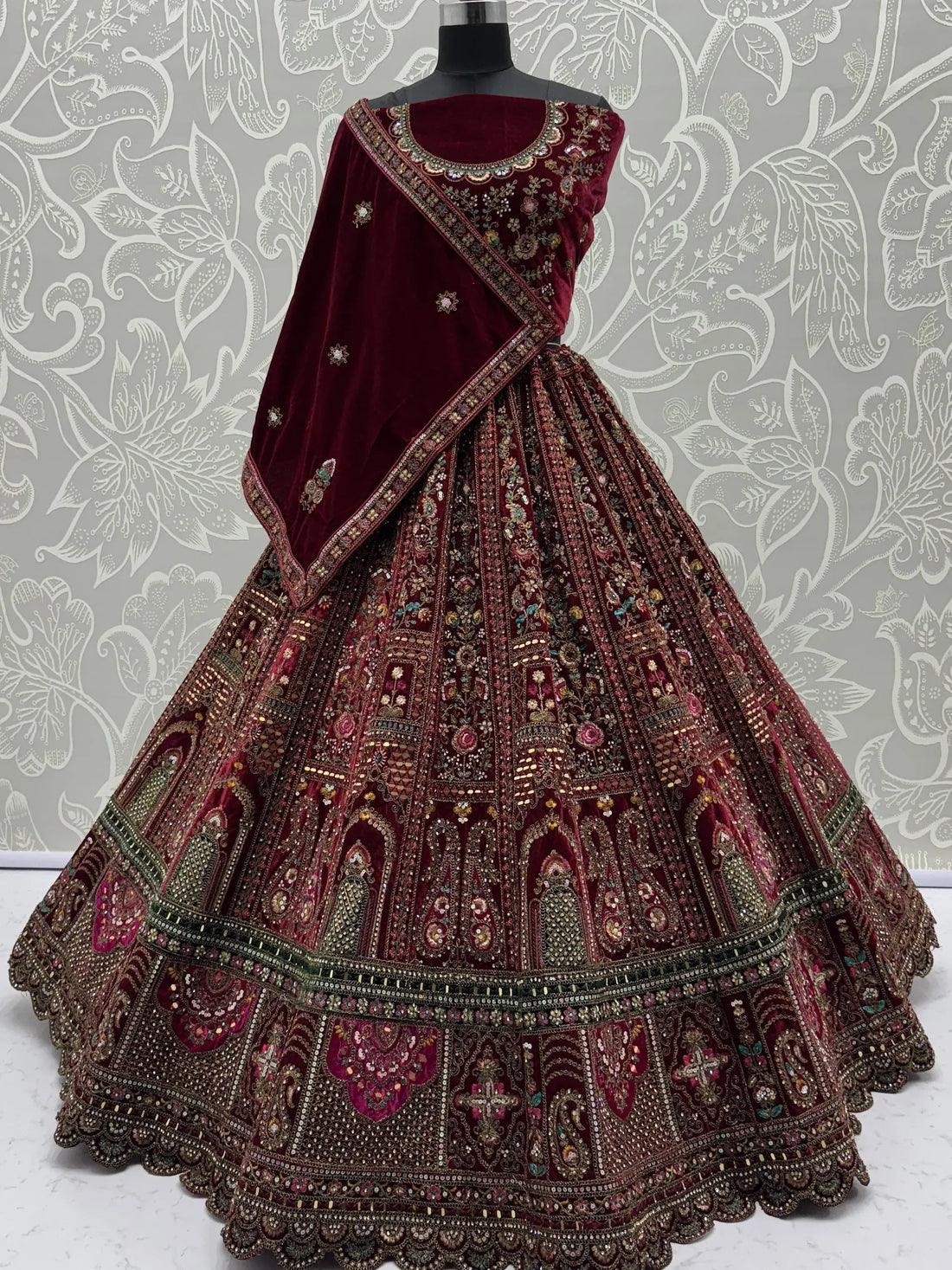 Breathtaking Maroon Zari Embroidered Velvet Bridal Lehenga Choli With Double Dupatta - Zeel Clothing