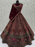 Breathtaking Maroon Zari Embroidered Velvet Bridal Lehenga Choli With Double Dupatta - Zeel Clothing