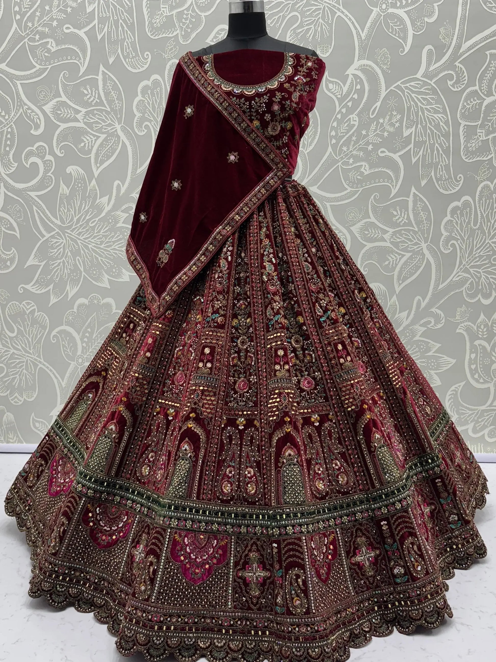 Breathtaking Maroon Zari Embroidered Velvet Bridal Lehenga Choli With Double Dupatta - Zeel Clothing