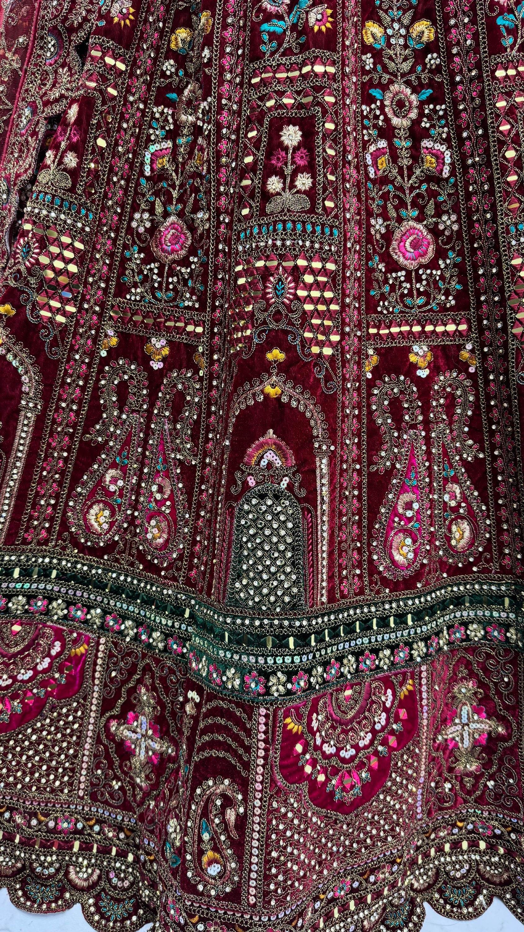 Breathtaking Maroon Zari Embroidered Velvet Bridal Lehenga Choli With Double Dupatta - Zeel Clothing