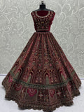 Breathtaking Maroon Zari Embroidered Velvet Bridal Lehenga Choli With Double Dupatta - Zeel Clothing
