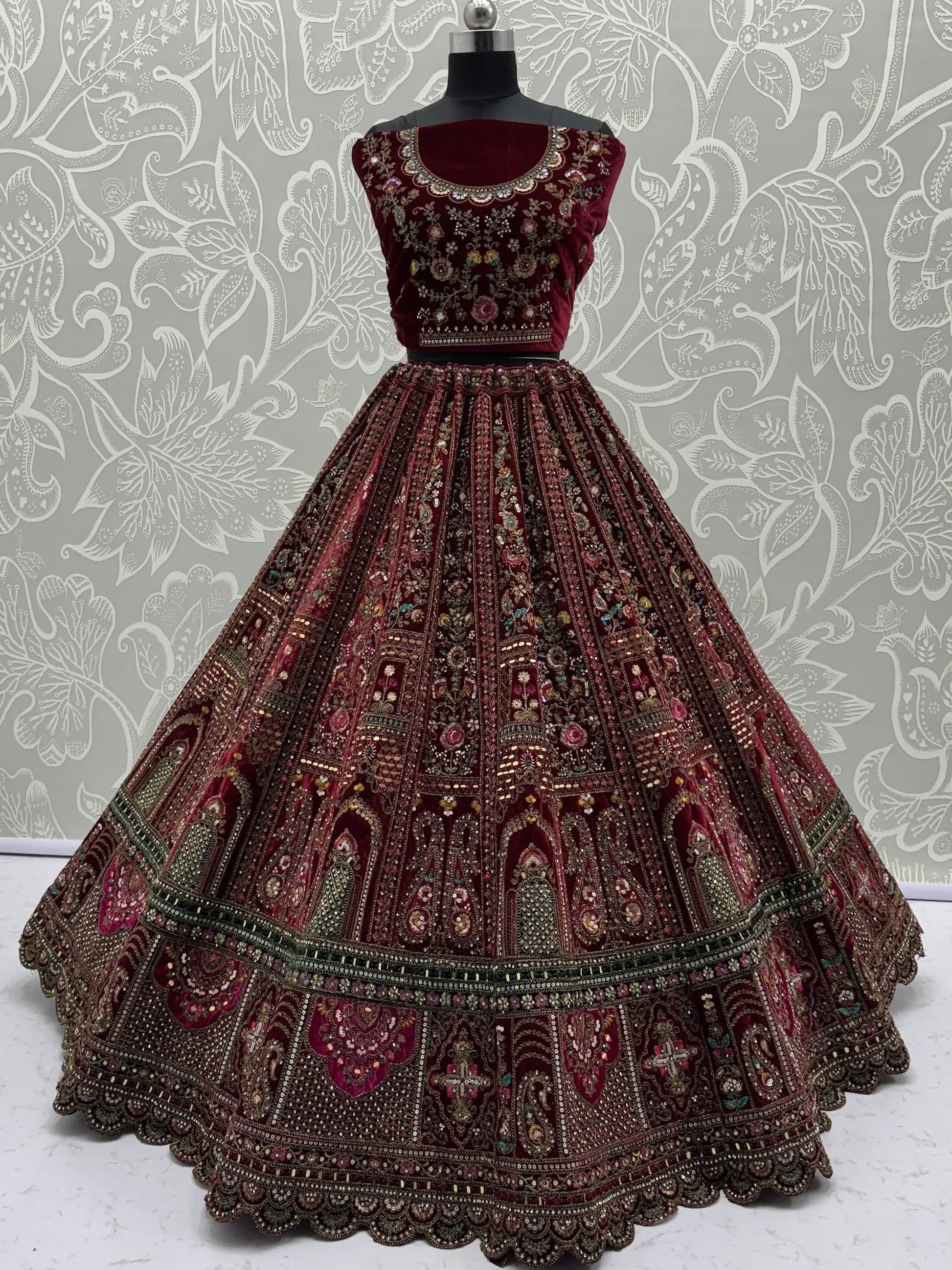 Breathtaking Maroon Zari Embroidered Velvet Bridal Lehenga Choli With Double Dupatta - Zeel Clothing