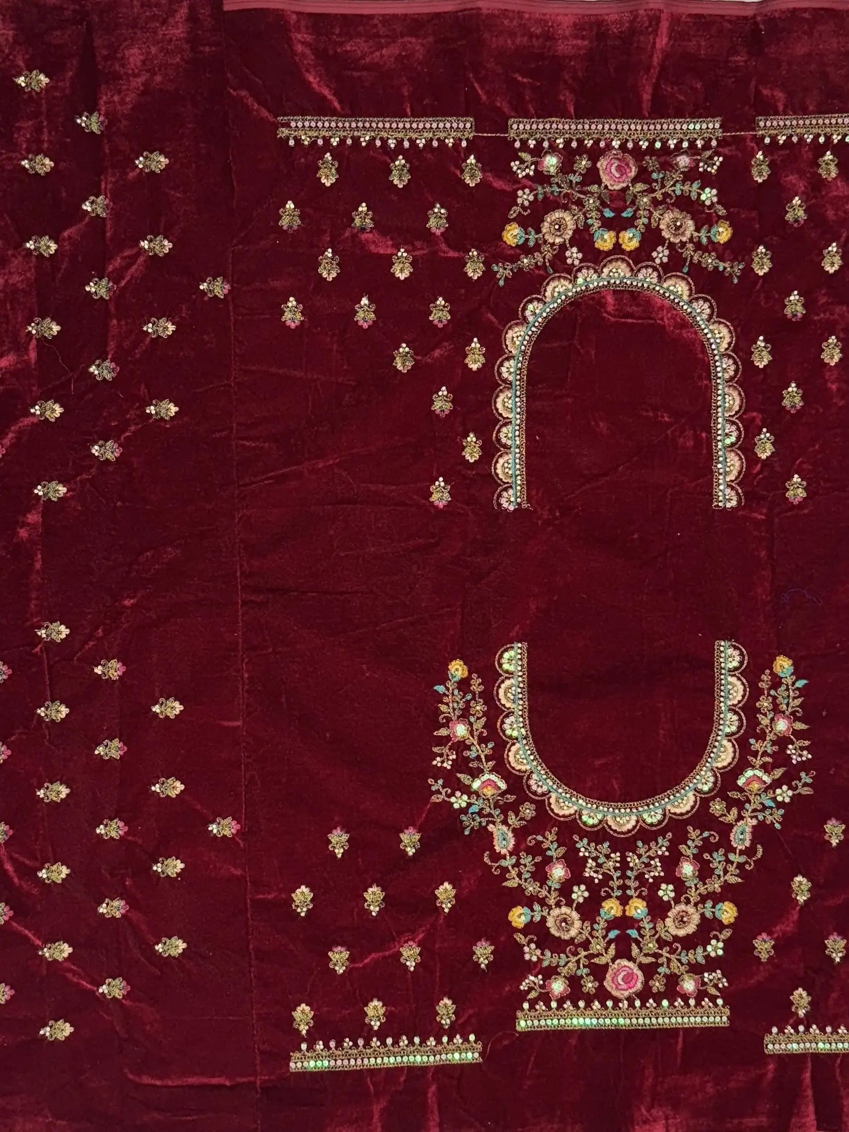 Breathtaking Maroon Zari Embroidered Velvet Bridal Lehenga Choli With Double Dupatta - Zeel Clothing
