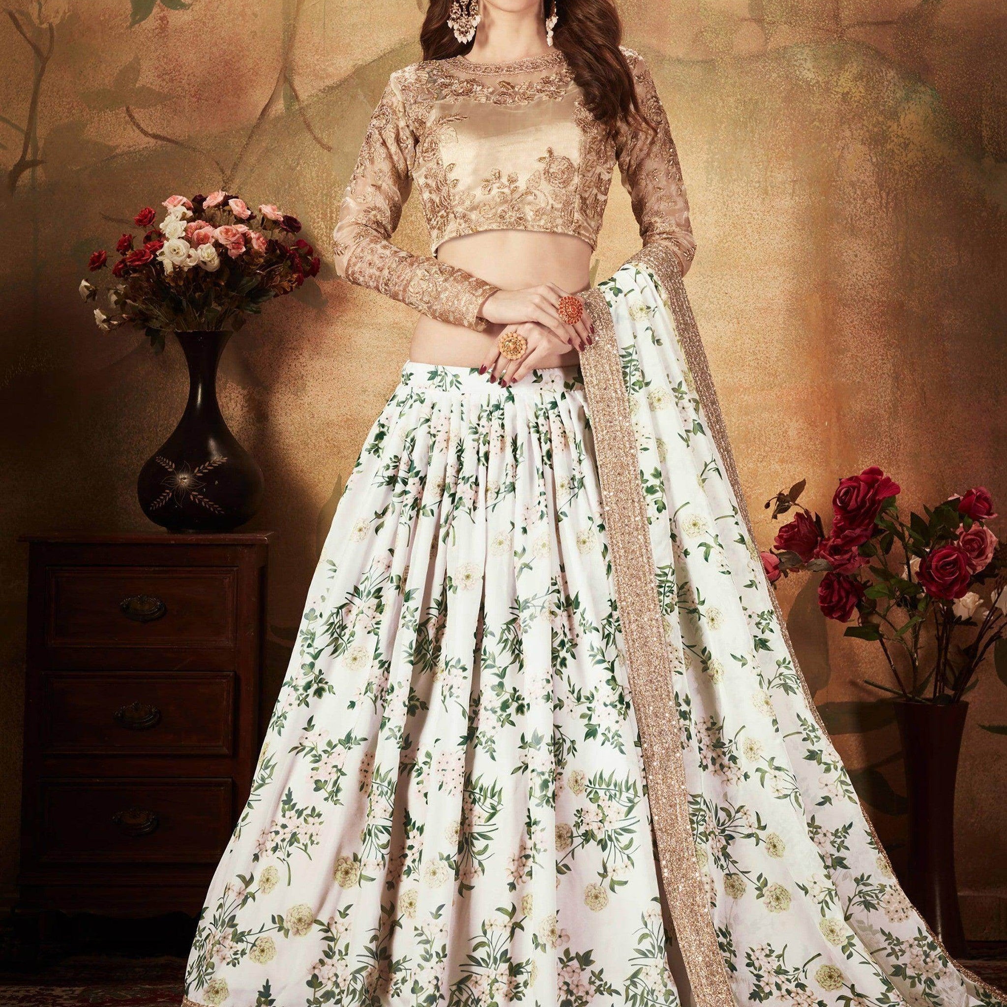 Breathtaking Off-White Sabyasachi Floral Printed Organza Silk Party Wear Lehenga Choli With Blouse - Zeel Clothing