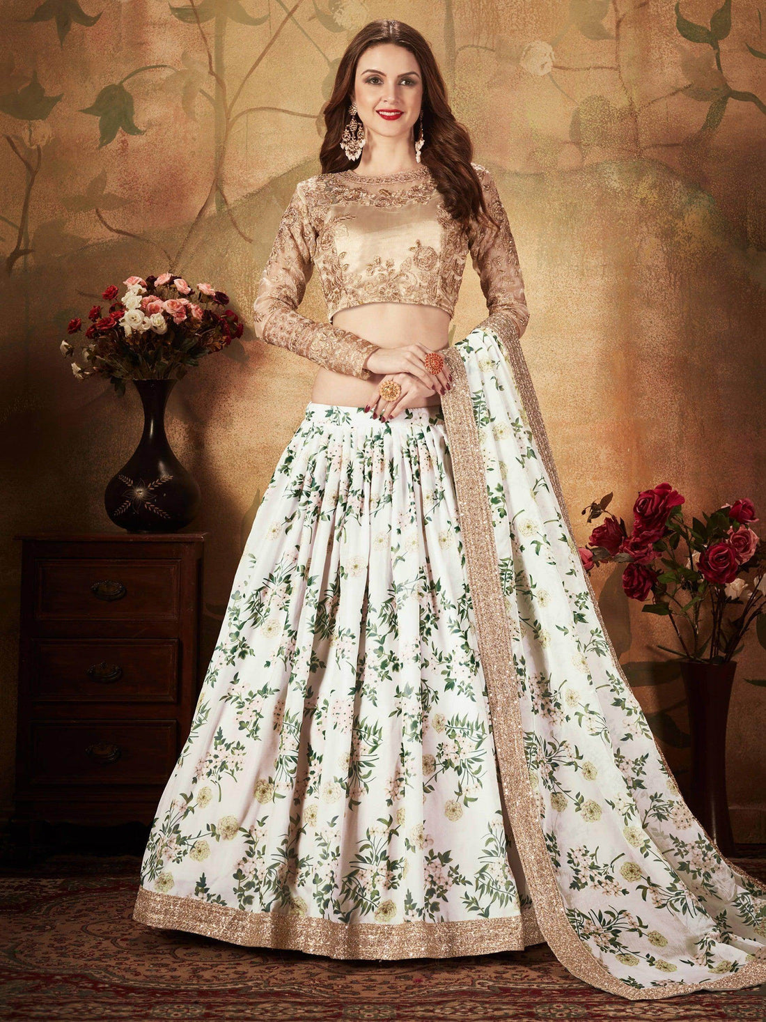 Breathtaking Off-White Sabyasachi Floral Printed Organza Silk Party Wear Lehenga Choli With Blouse - Zeel Clothing