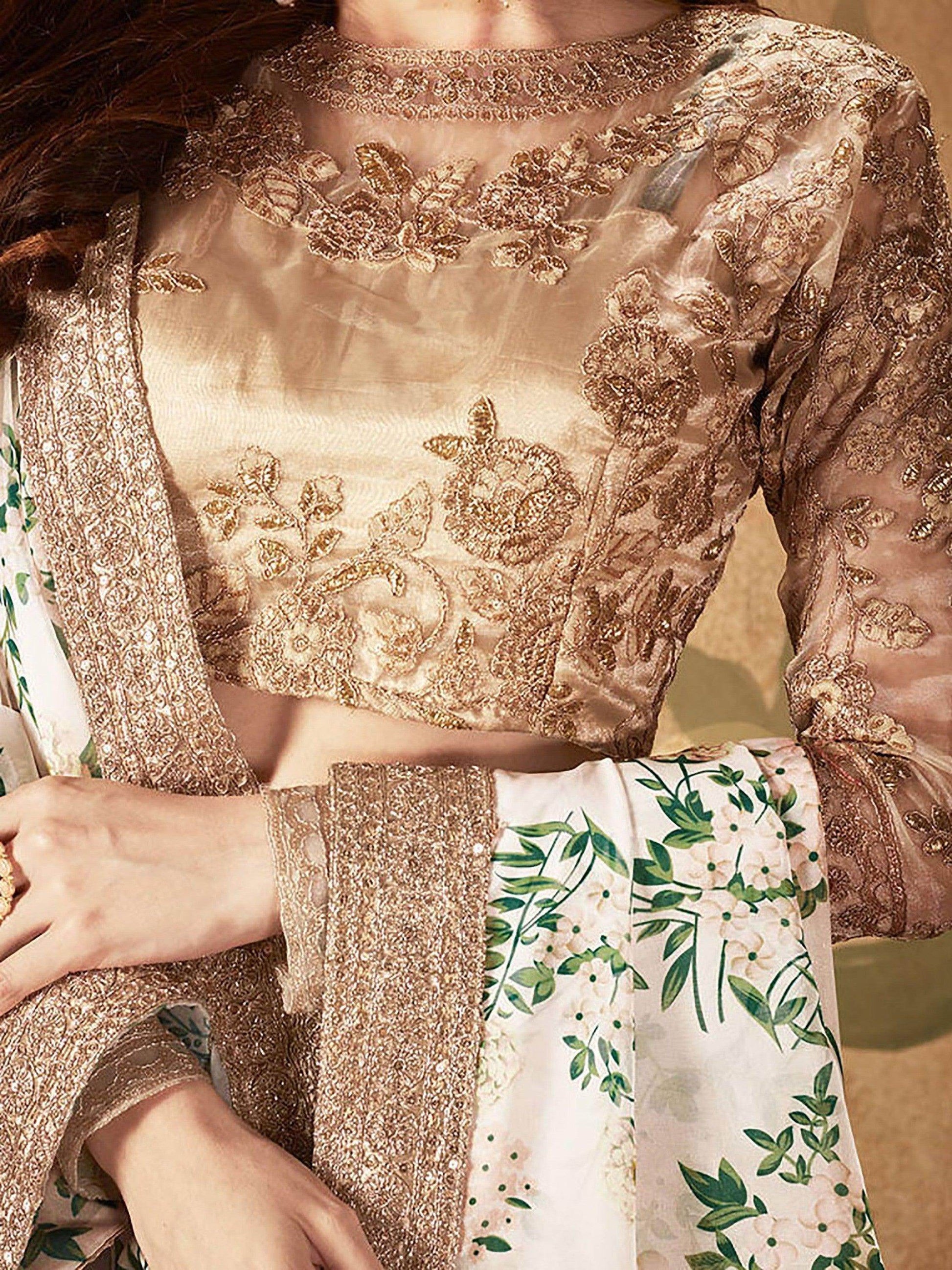 Breathtaking Off-White Sabyasachi Floral Printed Organza Silk Party Wear Lehenga Choli With Blouse - Zeel Clothing