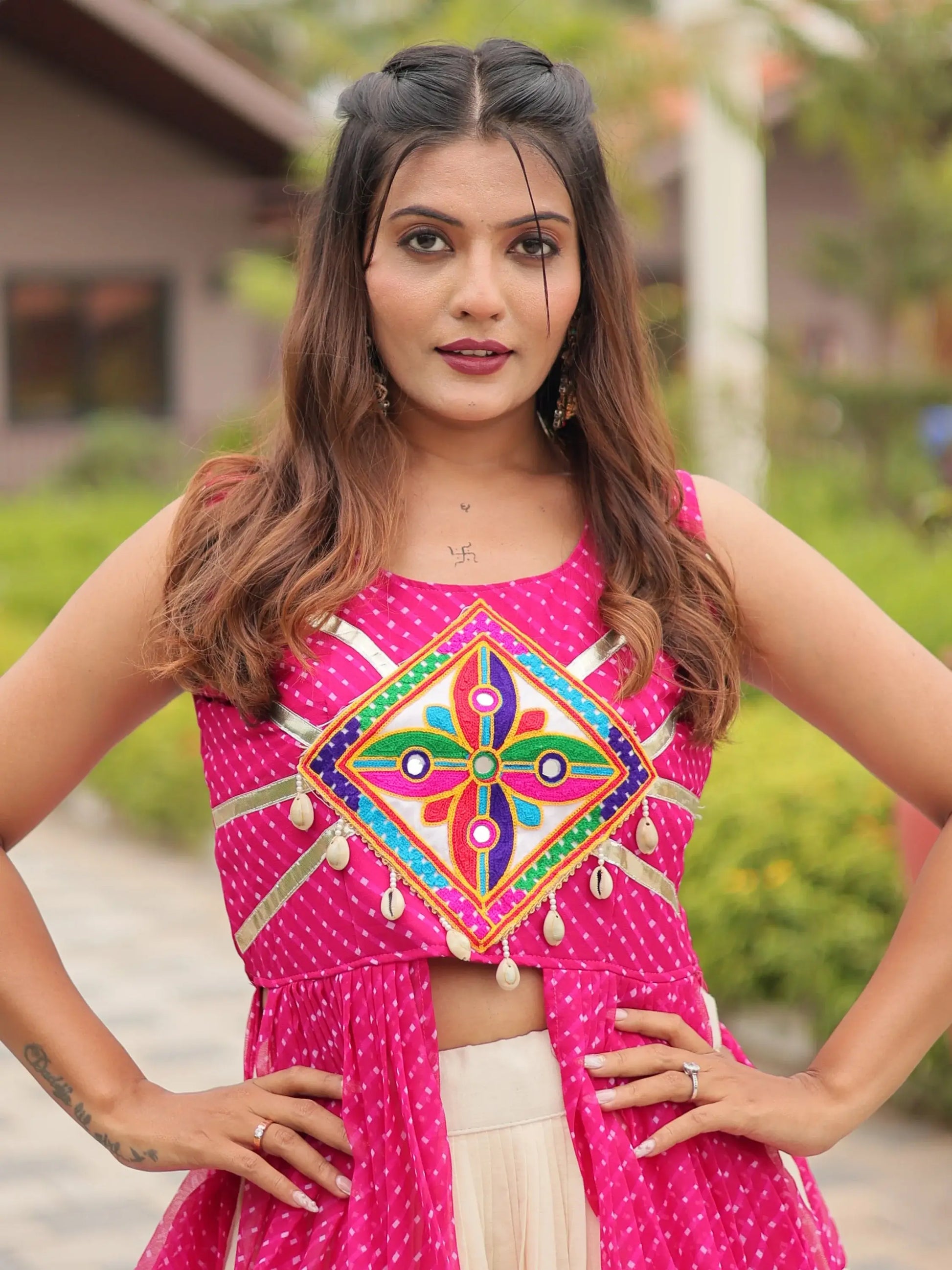 Breathtaking Pink Cotton Navratri Wear Lehenga With Leheriya Printed Shrug - Zeel Clothing