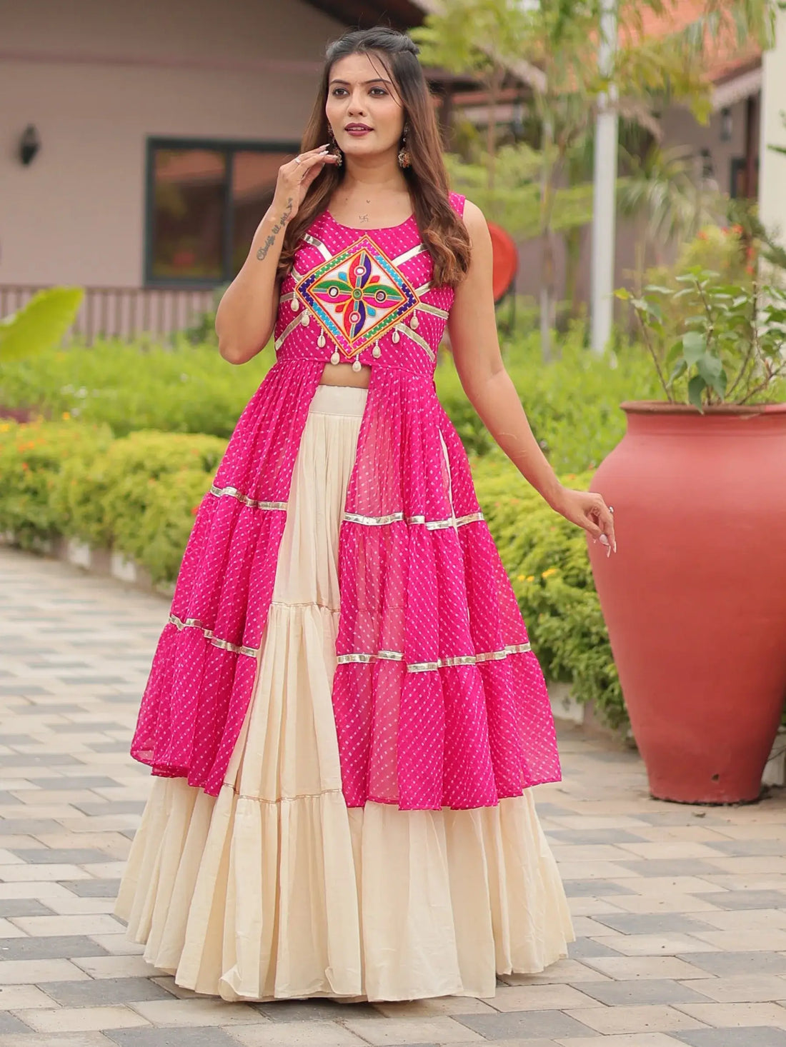 Breathtaking Pink Cotton Navratri Wear Lehenga With Leheriya Printed Shrug - Zeel Clothing