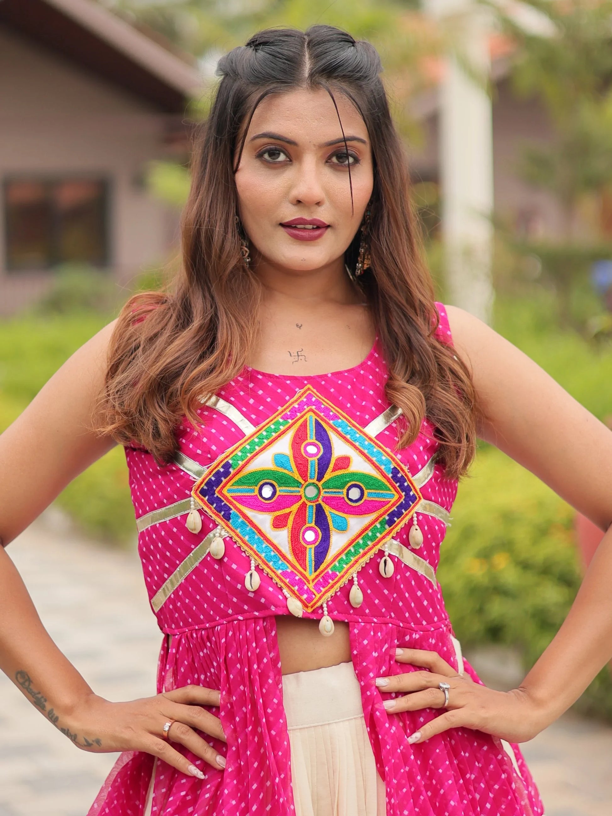 Breathtaking Pink Cotton Navratri Wear Lehenga With Leheriya Printed Shrug - Zeel Clothing