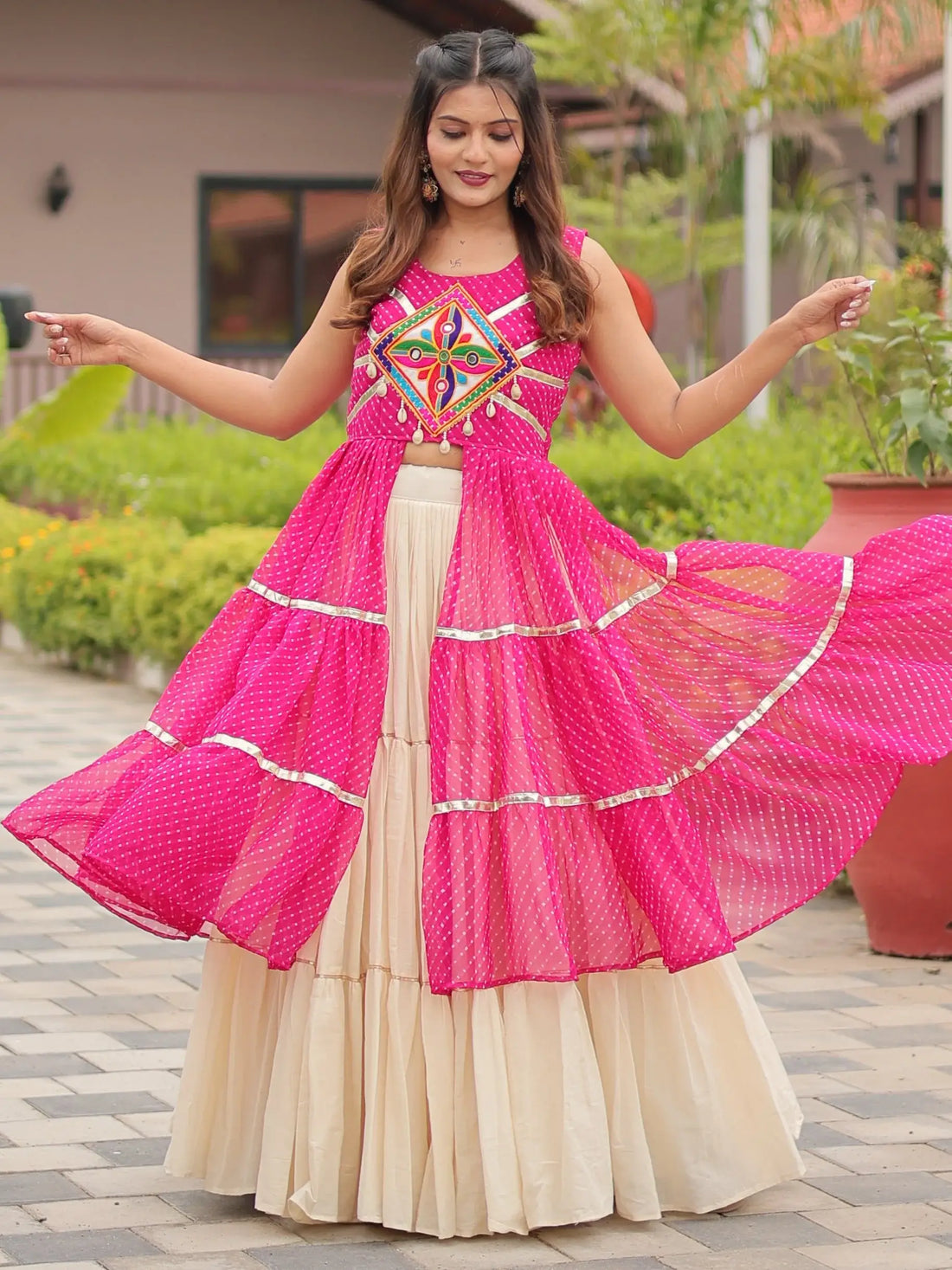 Breathtaking Pink Cotton Navratri Wear Lehenga With Leheriya Printed Shrug - Zeel Clothing