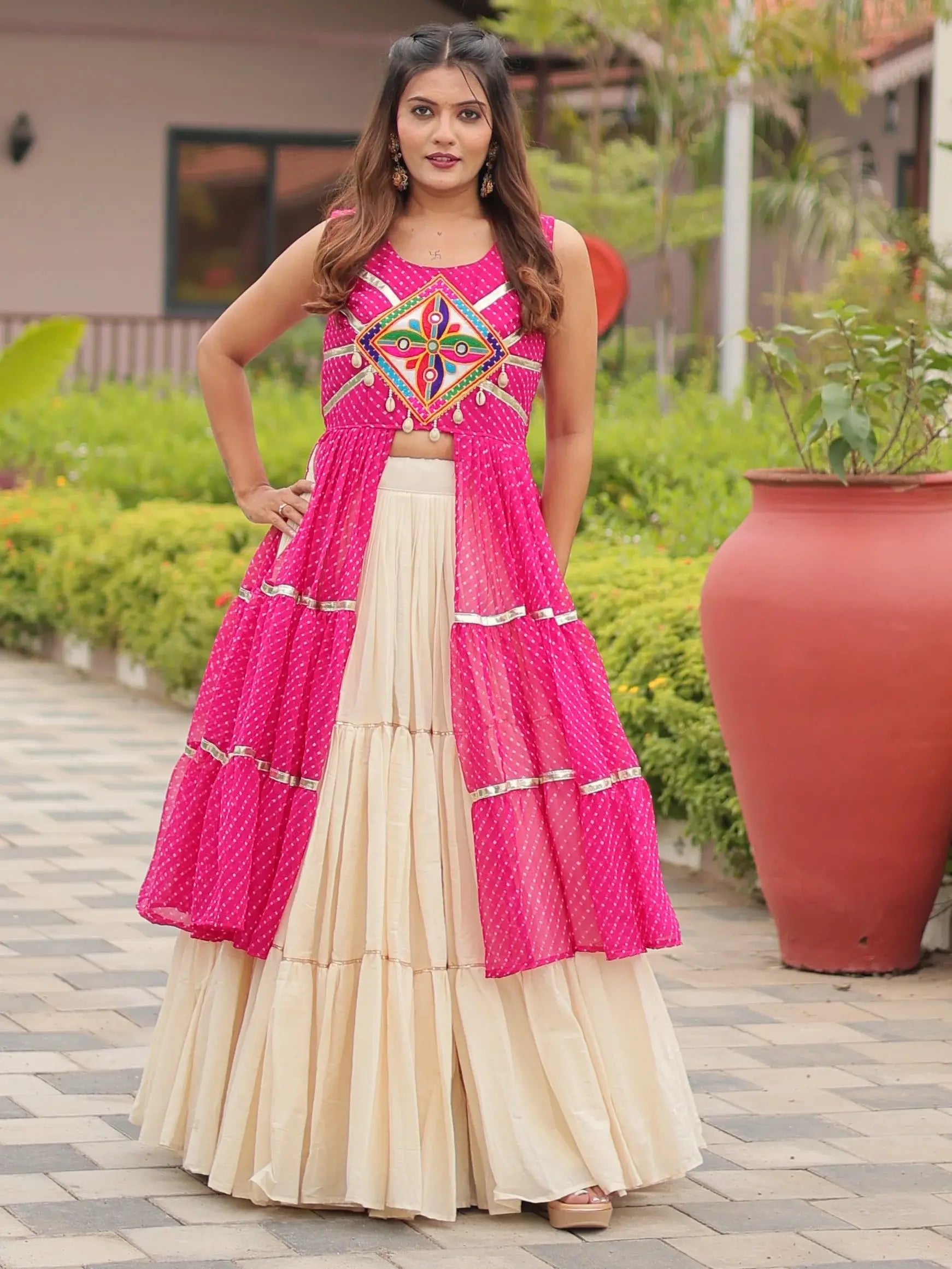 Breathtaking Pink Cotton Navratri Wear Lehenga With Leheriya Printed Shrug - Zeel Clothing