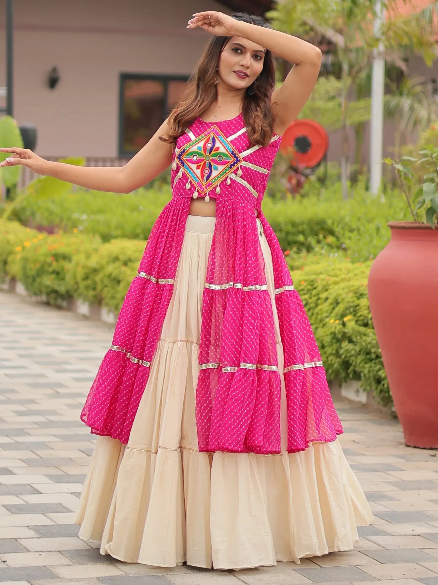 Breathtaking Pink Cotton Navratri Wear Lehenga With Leheriya Printed Shrug - Zeel Clothing