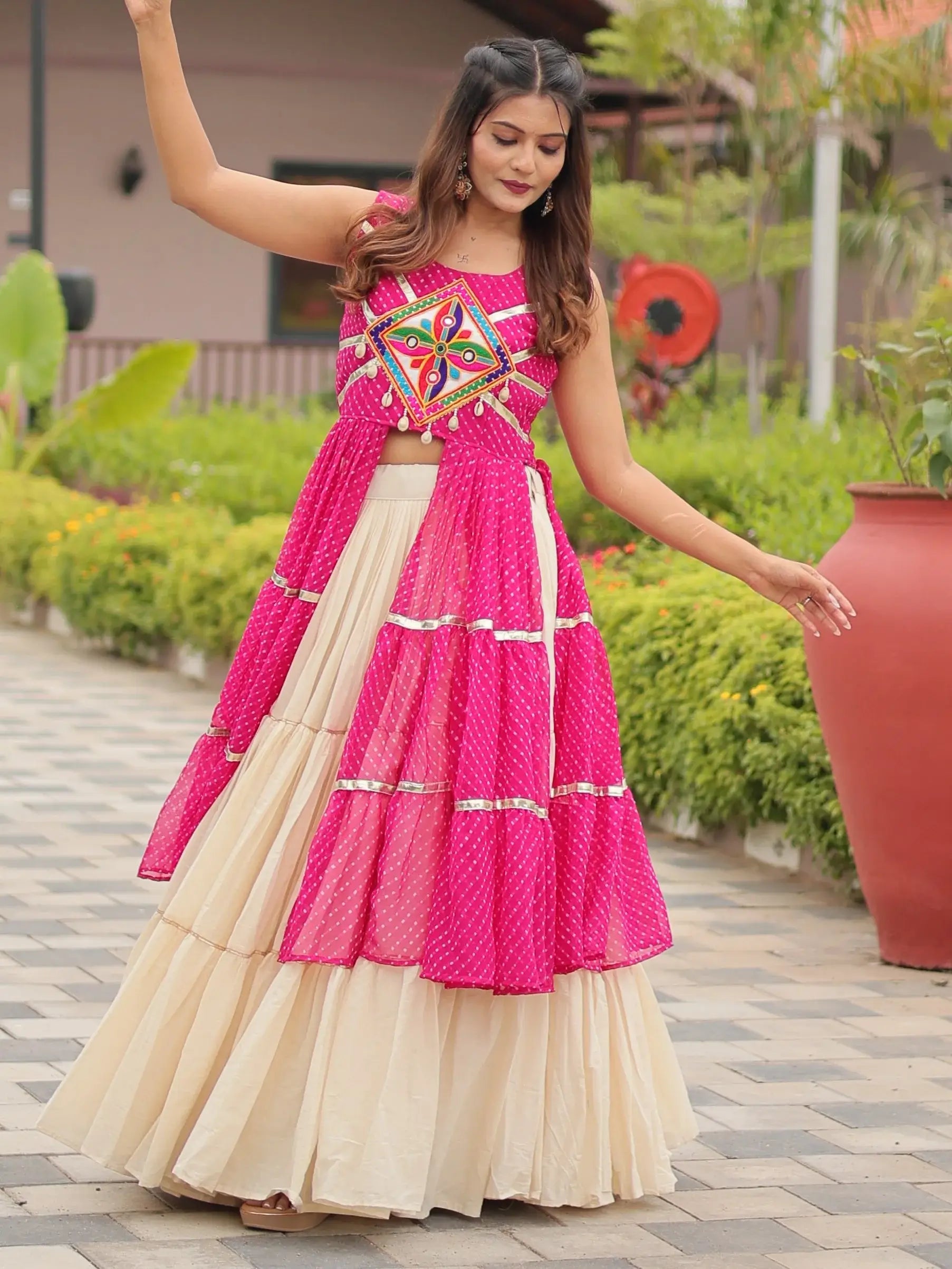 Breathtaking Pink Cotton Navratri Wear Lehenga With Leheriya Printed Shrug - Zeel Clothing