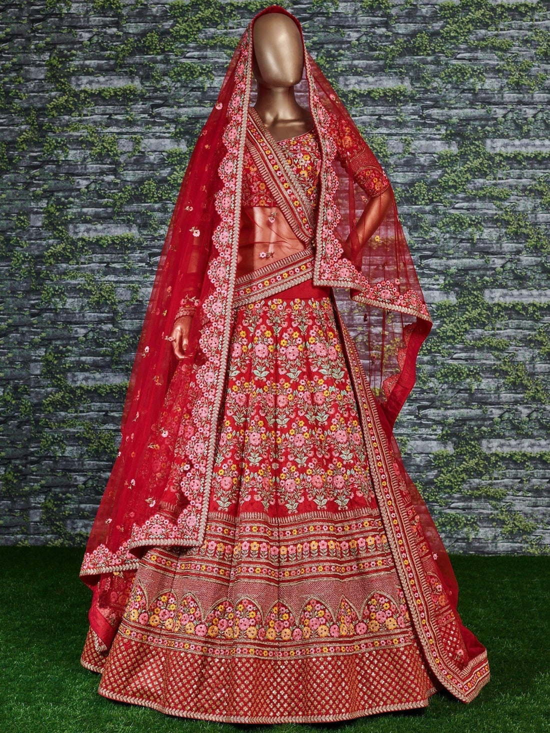 Breathtaking Red Colored Bridal wear Embroidered Lehenga Choli