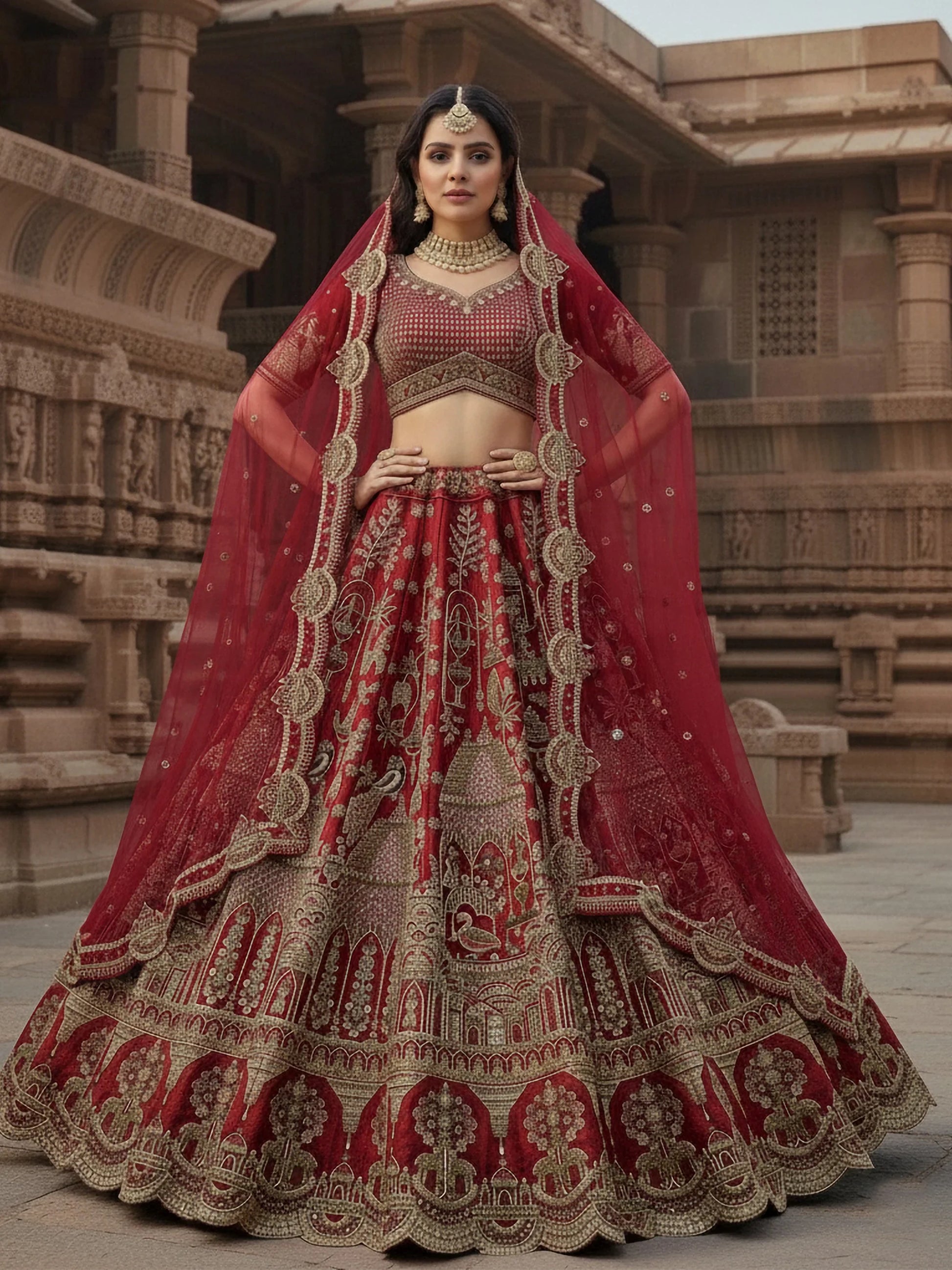 Breathtaking Red Hand Work Silk Bridal Wear Lehenga Choli With Double Dupatta