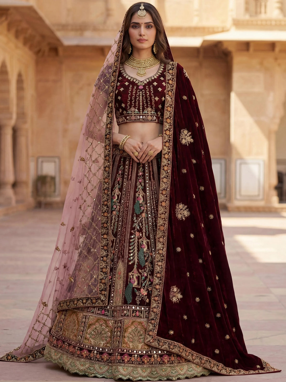 Breathtaking Wine Patch Work Velvet Bridal Lehenga Choli With Double Dupatta
