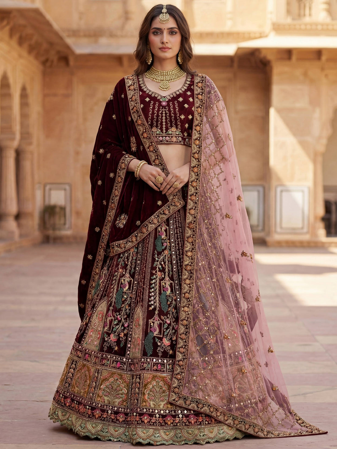 Breathtaking Wine Patch Work Velvet Bridal Lehenga Choli With Double Dupatta
