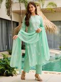 Brilliant Sea Green Thread Work Cotton Evening Wear Pant Suit With Dupatta - Zeel Clothing
