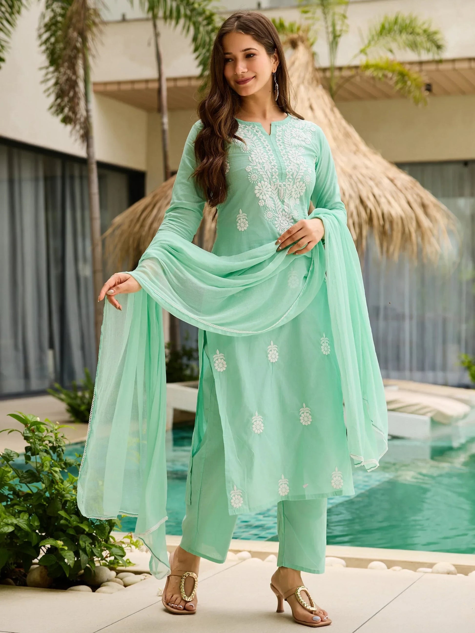 Brilliant Sea Green Thread Work Cotton Evening Wear Pant Suit With Dupatta - Zeel Clothing
