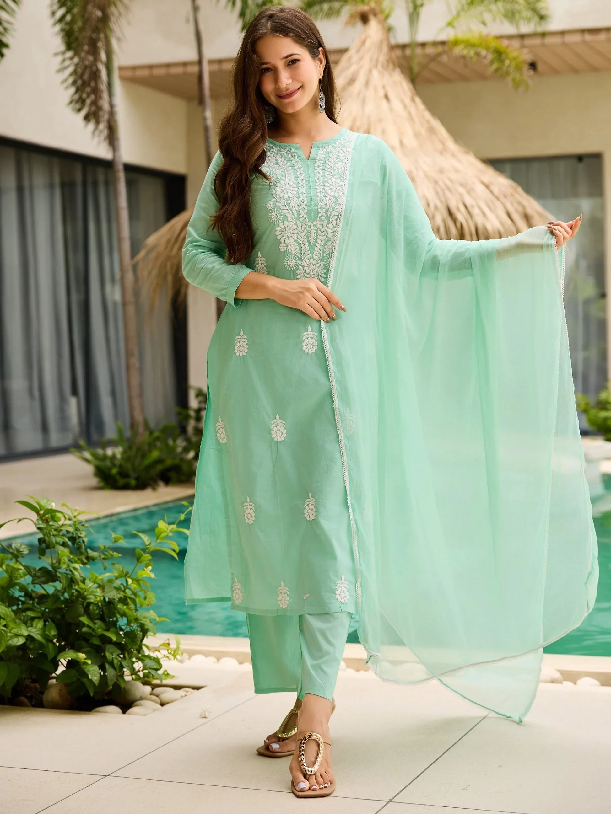 Brilliant Sea Green Thread Work Cotton Evening Wear Pant Suit With Dupatta - Zeel Clothing