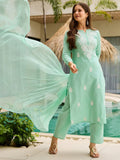 Brilliant Sea Green Thread Work Cotton Evening Wear Pant Suit With Dupatta - Zeel Clothing