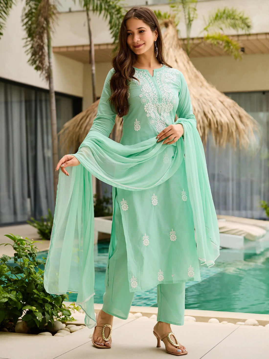 Brilliant Sea Green Thread Work Cotton Evening Wear Pant Suit With Dupatta - Zeel Clothing