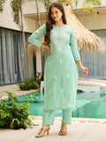 Brilliant Sea Green Thread Work Cotton Evening Wear Pant Suit With Dupatta - Zeel Clothing
