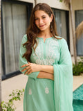 Brilliant Sea Green Thread Work Cotton Evening Wear Pant Suit With Dupatta - Zeel Clothing